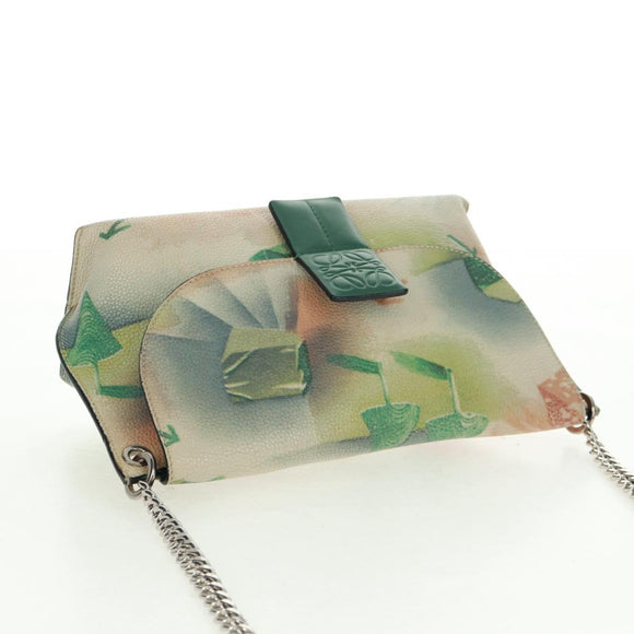 LOEWE Chain Avenue Shoulder Bag Leather Green Silver Auth 161591V