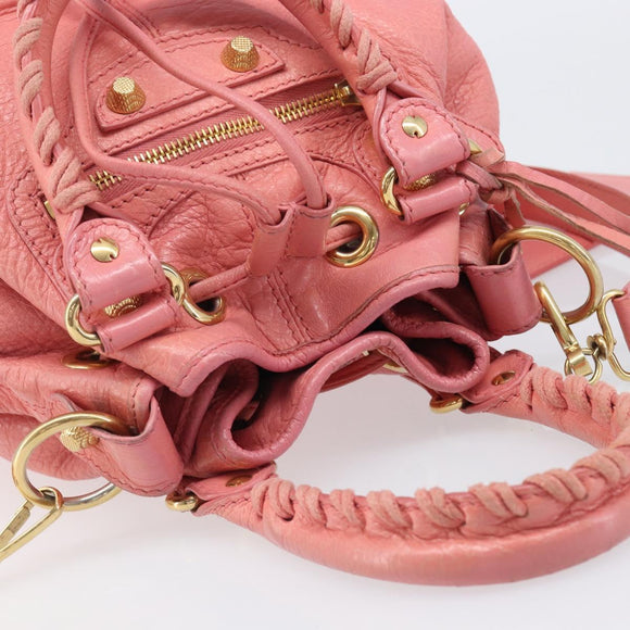 BALENCIAGA Giant Mini Pom Pom Handtas Leer 2way Roze Goud Auth 161592V