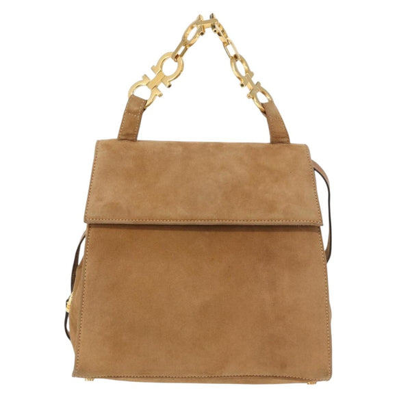 Salvatore Ferragamo Gancini Hand Bag Suede 2way Beige Gold Auth 161599
