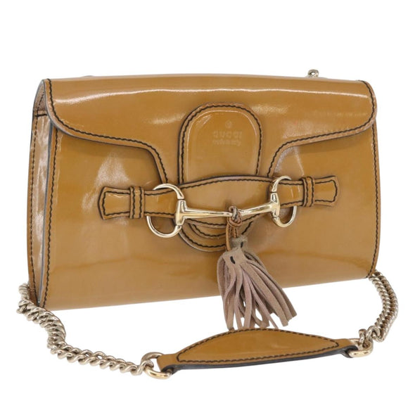 GUCCI Horsebit Chain Emily Shoulder Bag Enamel Beige Gold 283063 Auth 161607