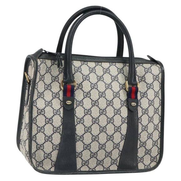 GUCCI GG Supreme Sherry Line Hand Bag PVC Navy Gold Auth 161618
