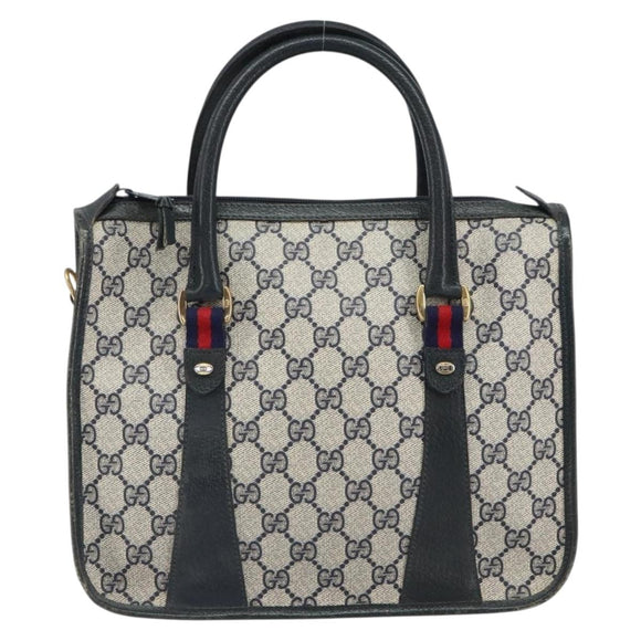 GUCCI GG Supreme Sherry Line Hand Bag PVC Navy Gold Auth 161618