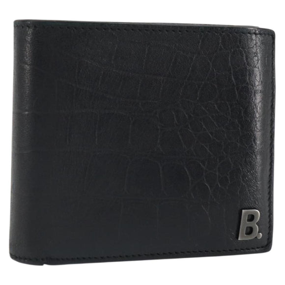BALENCIAGA Compact Wallet Leather Black Auth 161631