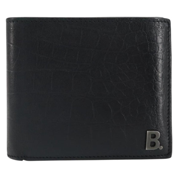BALENCIAGA Compact Wallet Leather Black Auth 161631