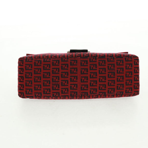 FENDI Zucchino Canvas Mamma Baguette Shoulder Bag Red Silver Auth 161663SAV
