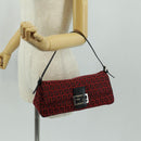 FENDI Zucchino Canvas Mamma Baguette Shoulder Bag Red Silver Auth 161663SAV-25