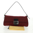 FENDI Zucchino Canvas Mamma Baguette Shoulder Bag Red Silver Auth 161663SAV-12