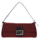 FENDI Zucchino Canvas Mamma Baguette Shoulder Bag Red Silver Auth 161663SAV-13