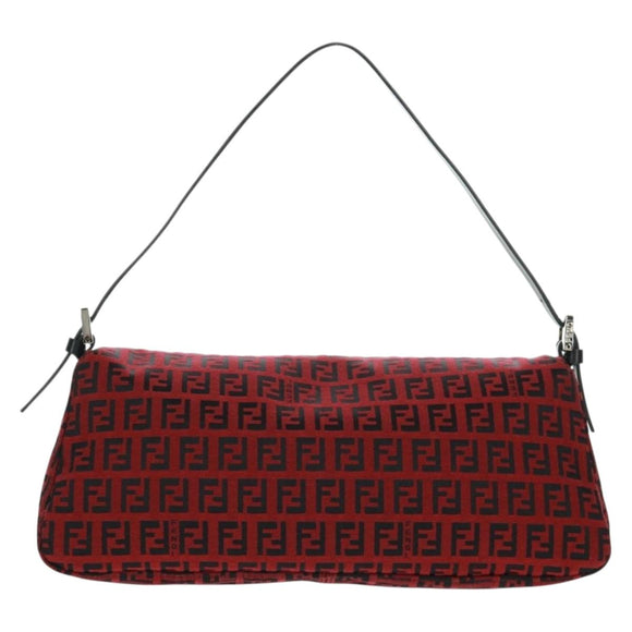FENDI Zucchino Canvas Mamma Baguette Shoulder Bag Red Silver Auth 161663SAV