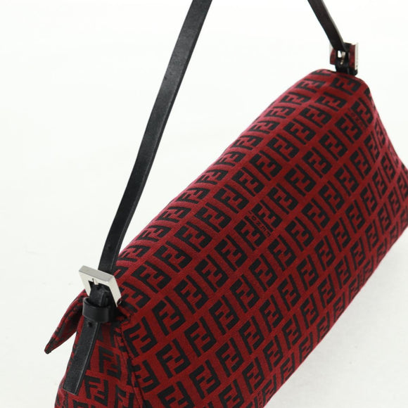 FENDI Zucchino Canvas Mamma Baguette Shoulder Bag Red Silver Auth 161663SAV