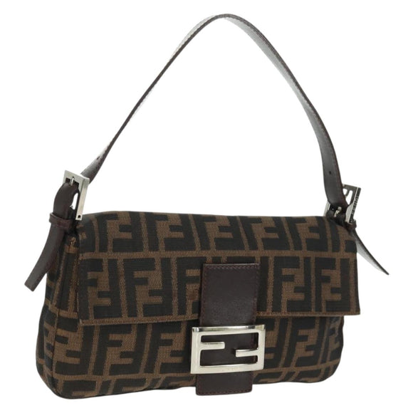 FENDI Zucca Canvas Mamma Baguette Shoulder Bag Black Brown Auth 161669SAV