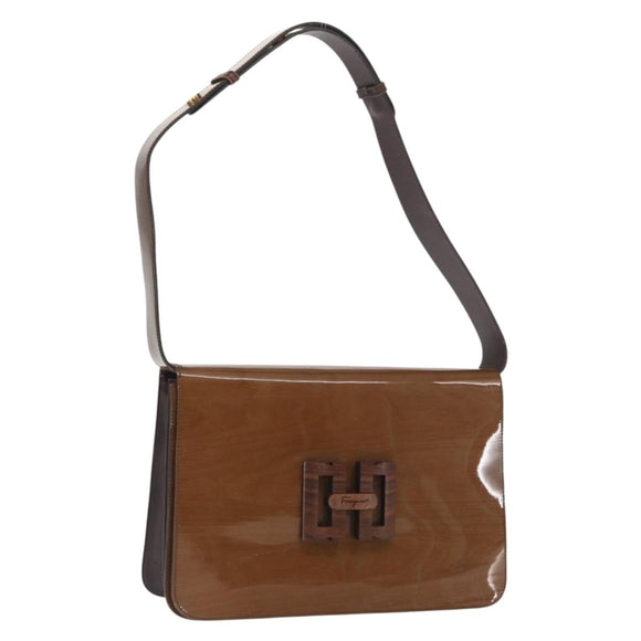 Salvatore Ferragamo Gancini Shoulder Bag Enamel Beige Gold Auth 161678