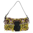 FENDI Beads Mamma Baguette Shoulder Bag Canvas Silver Brown Auth 161704SV-13