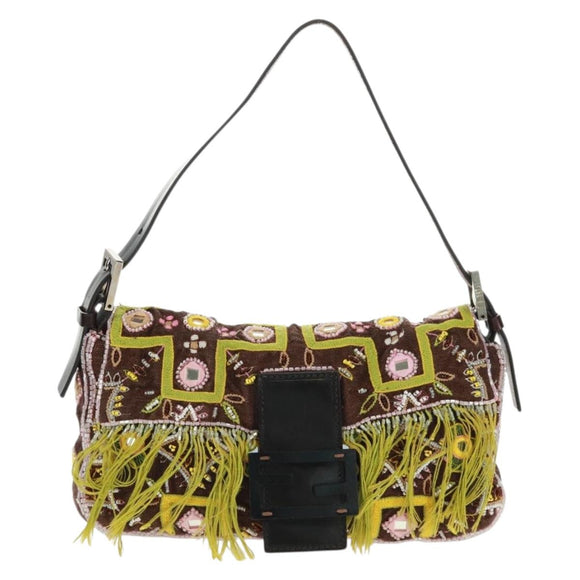 FENDI Beads Mamma Baguette Shoulder Bag Canvas Silver Brown Auth 161704SV