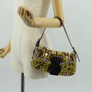 FENDI Beads Mamma Baguette Shoulder Bag Canvas Silver Brown Auth 161704SV-26