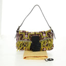 FENDI Beads Mamma Baguette Shoulder Bag Canvas Silver Brown Auth 161704SV-12
