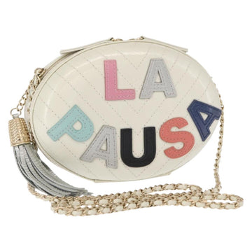 CHANEL Chain V Stitch La Pauza Shoulder Bag Leather White Gold CC Auth 161720SAV