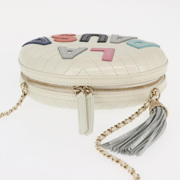 CHANEL Chain V Stitch La Pauza Shoulder Bag Leather White Gold CC Auth 161720SAV