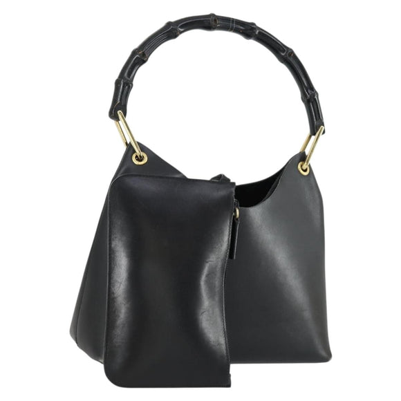 GUCCI Bamboo Shoulder Bag Leather Black Gold 001 1998 1883 Auth 161727