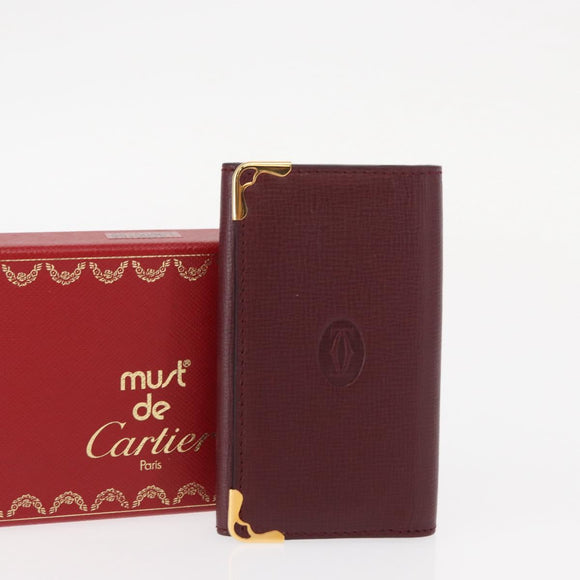 CARTIER Must Line Key Case Leather Bordeaux Gold Auth 161762A