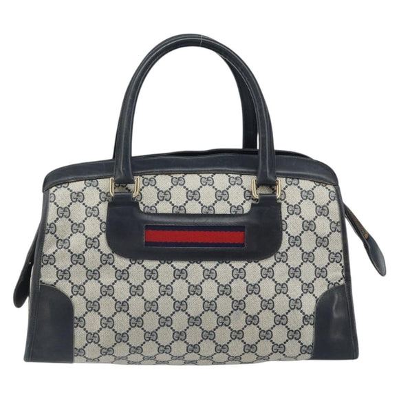 GUCCI GG Supreme Sherry Line Boston Bag PVC Navy Gold Auth 161763