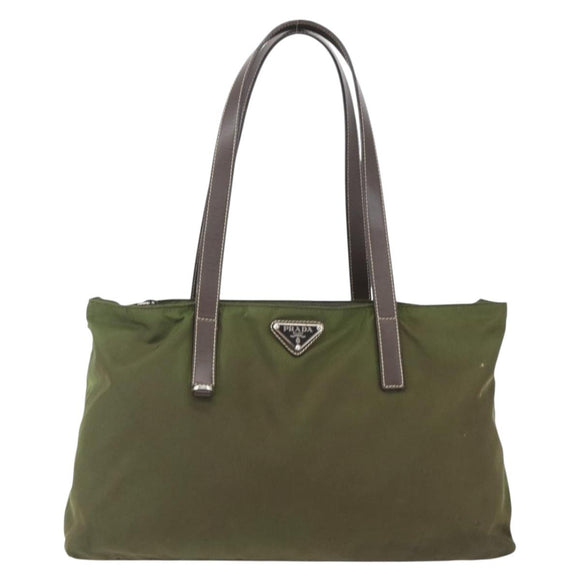 PRADA Tote Bag Nylon Khaki Silver Auth 161778