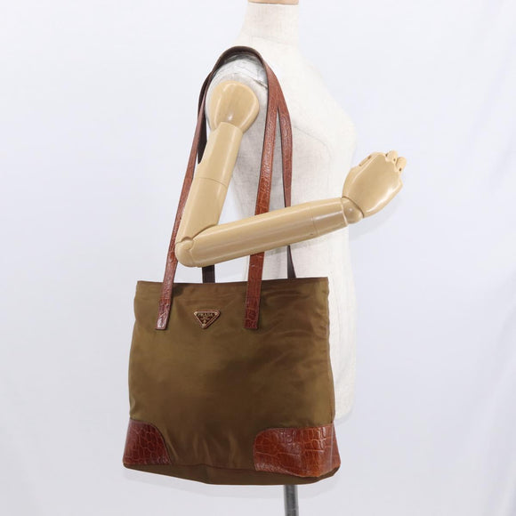 PRADA Tote Bag Nylon Brown Gold Auth 161781