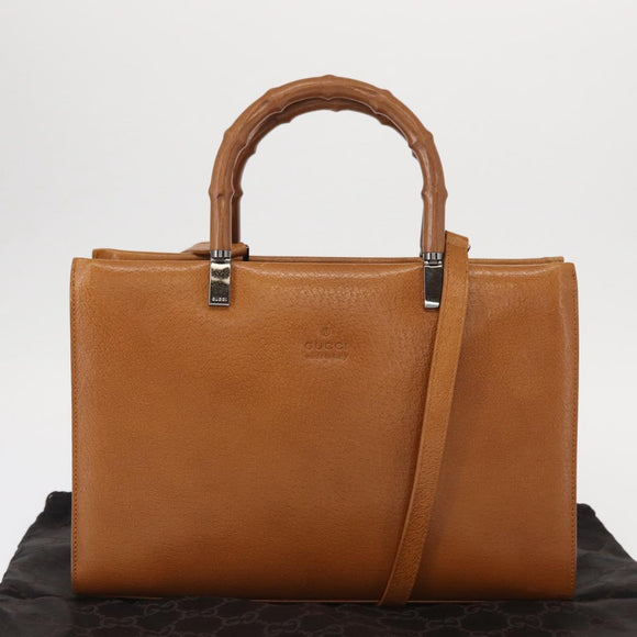 GUCCI Bamboo Hand Bag Leather 2way Brown Silver 002 1035 Auth 161783V