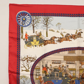 HERMES Carre 90 Scarf ""L'HIVER EN POSTE"" Silk Red Auth 161791 - 0
