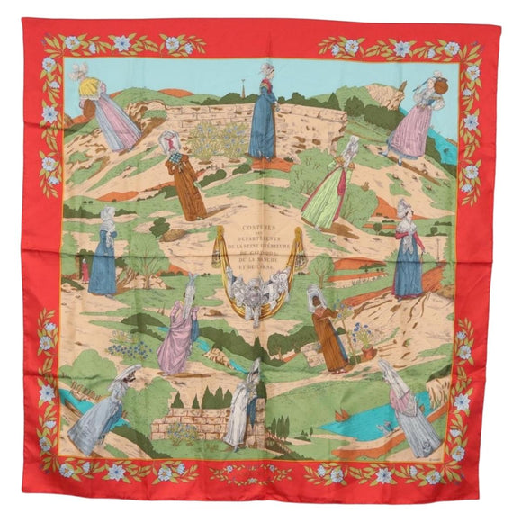 HERMES Carre 90 Scarf ""COSTUMES DES DEPARTEMENTS "" Silk Red Auth 161792