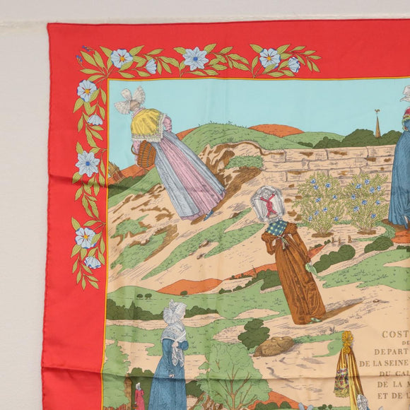 HERMES Carre 90 Scarf ""COSTUMES DES DEPARTEMENTS "" Silk Red Auth 161792