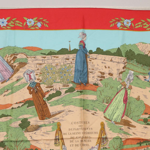 HERMES Carre 90 Scarf ""COSTUMES DES DEPARTEMENTS "" Silk Red Auth 161792
