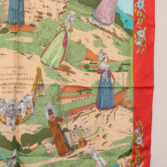 HERMES Carre 90 Scarf ""COSTUMES DES DEPARTEMENTS "" Silk Red Auth 161792
