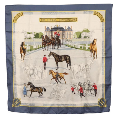 HERMES Carre 90 Scarf ""LES HARAS NATIONAUX "" Silk Blue Auth 161793