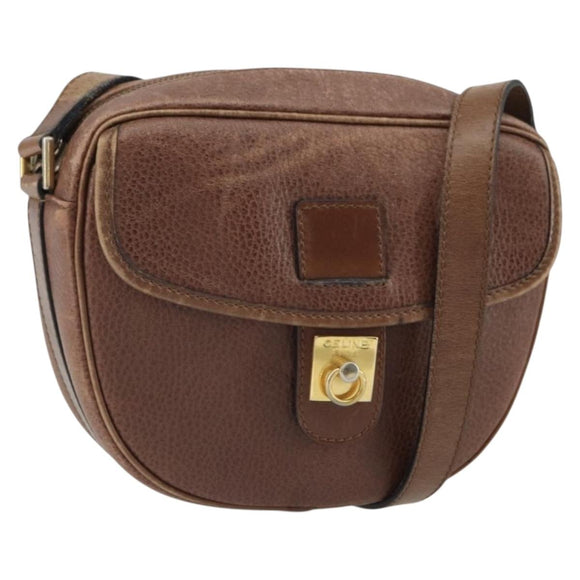 CELINE Shoulder Bag Leather Brown Gold Auth 162021