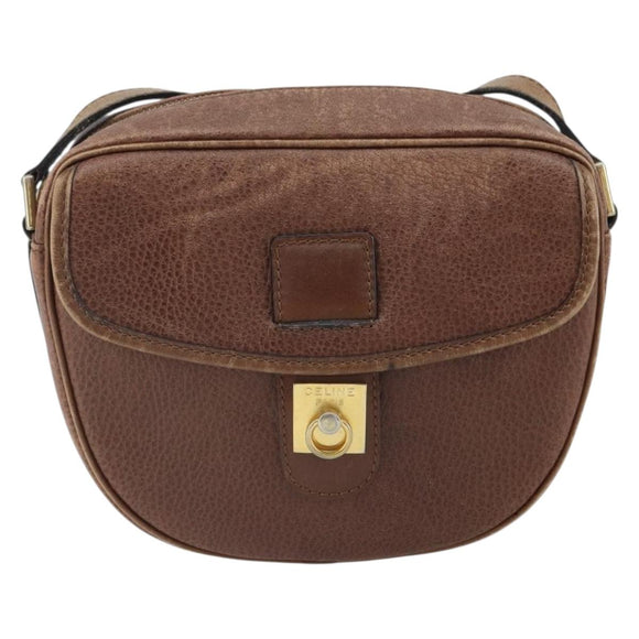 CELINE Shoulder Bag Leather Brown Gold Auth 162021