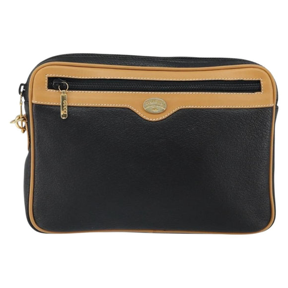 GUCCI Clutch Bag Leather Black Gold Auth 162110