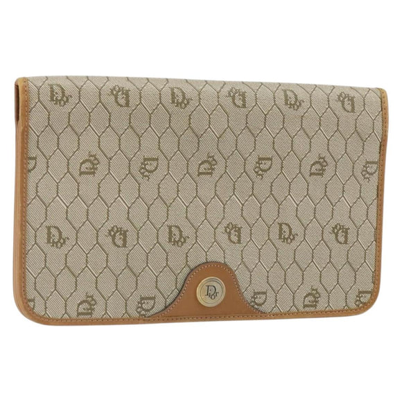 Christian Dior Honeycomb Canvas Clutch Bag PVC Beige Gold Auth 162115