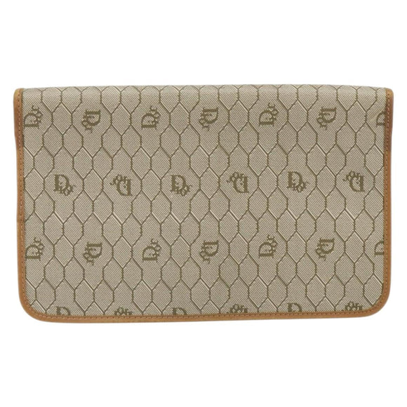 Christian Dior Honeycomb Canvas Clutch Bag PVC Beige Gold Auth 162115