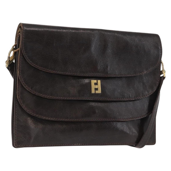FENDI Shoulder Bag Leather Brown Gold Auth 162124