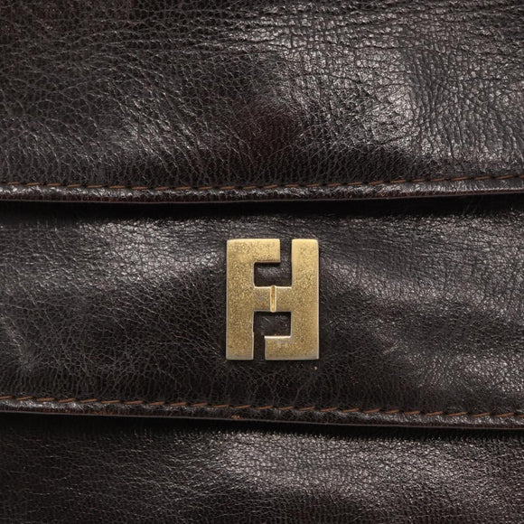 FENDI Shoulder Bag Leather Brown Gold Auth 162124