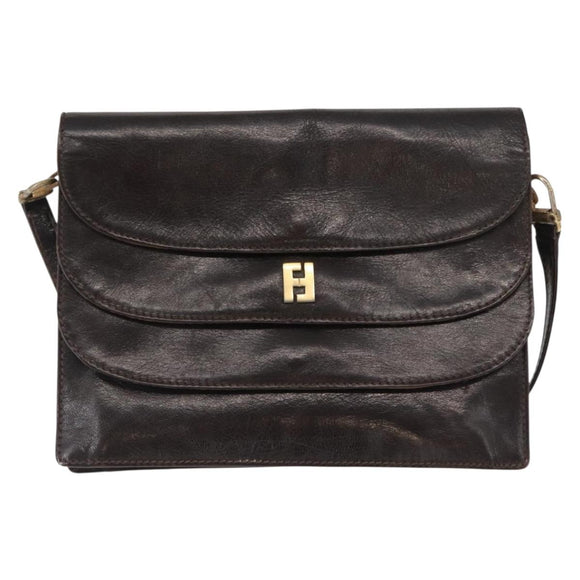 FENDI Shoulder Bag Leather Brown Gold Auth 162124