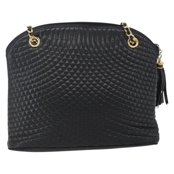 BALLY Chain Shoulder Bag Leather Navy Gold Auth 162126