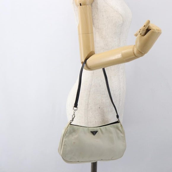 PRADA Shoulder Bag Nylon Beige Silver Auth 162128