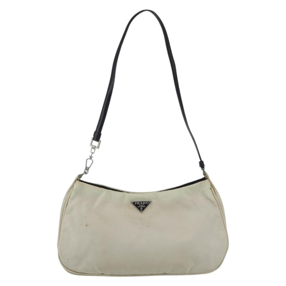PRADA Shoulder Bag Nylon Beige Silver Auth 162128