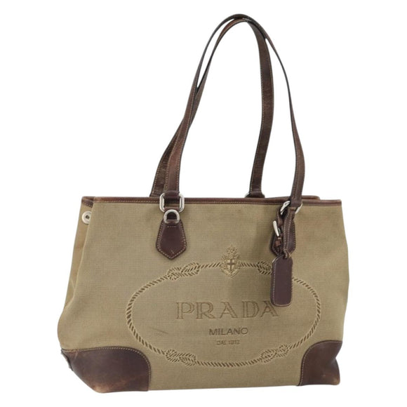 PRADA Tote Bag Canvas Beige Silver Auth 162142