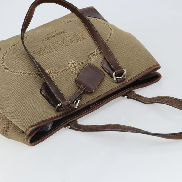 PRADA Tote Bag Canvas Beige Silver Auth 162142