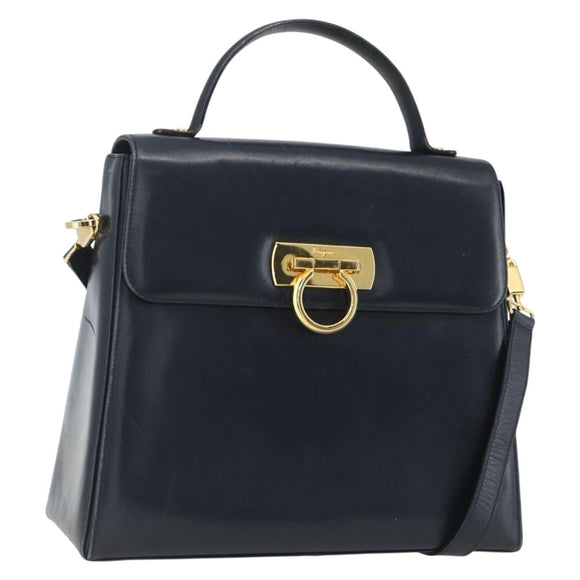 Salvatore Ferragamo Gancini Hand Bag Leather 2way Navy Gold Auth 162143