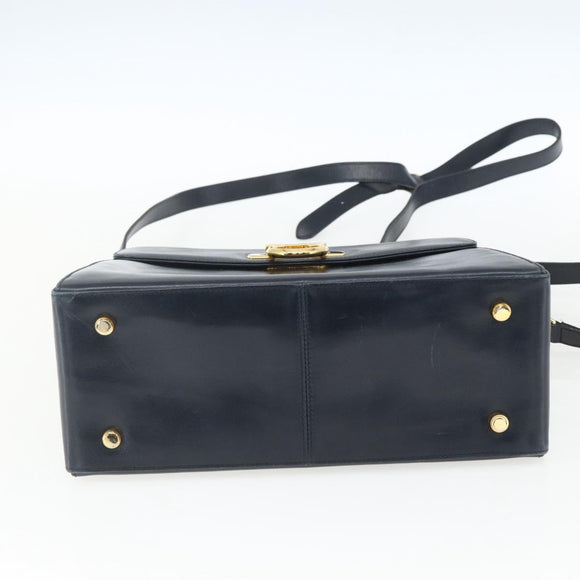 Salvatore Ferragamo Gancini Hand Bag Leather 2way Navy Gold Auth 162143