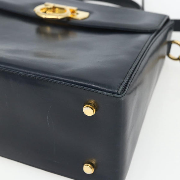 Salvatore Ferragamo Gancini Hand Bag Leather 2way Navy Gold Auth 162143
